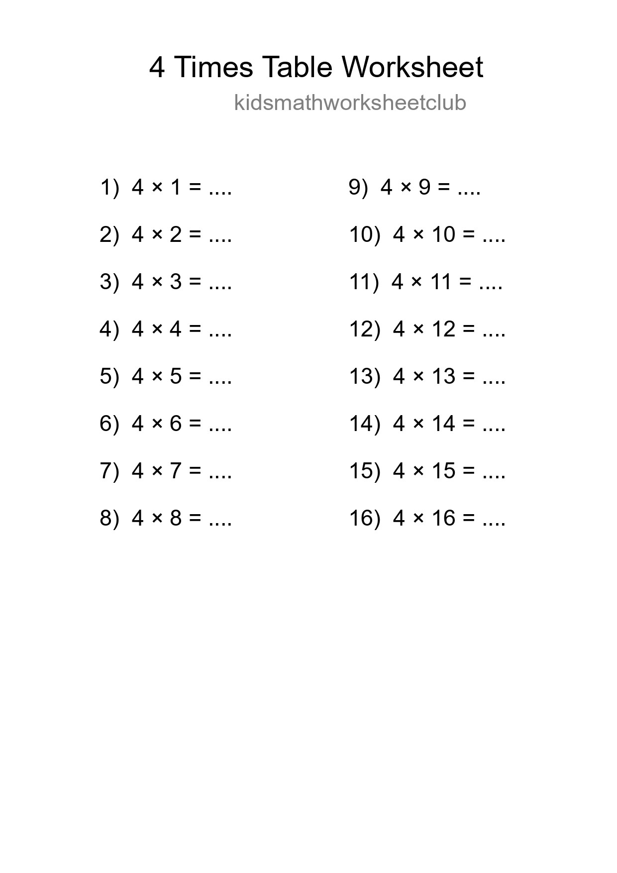 Printable 4 Times Table Worksheet For Grade 2 - Part 174