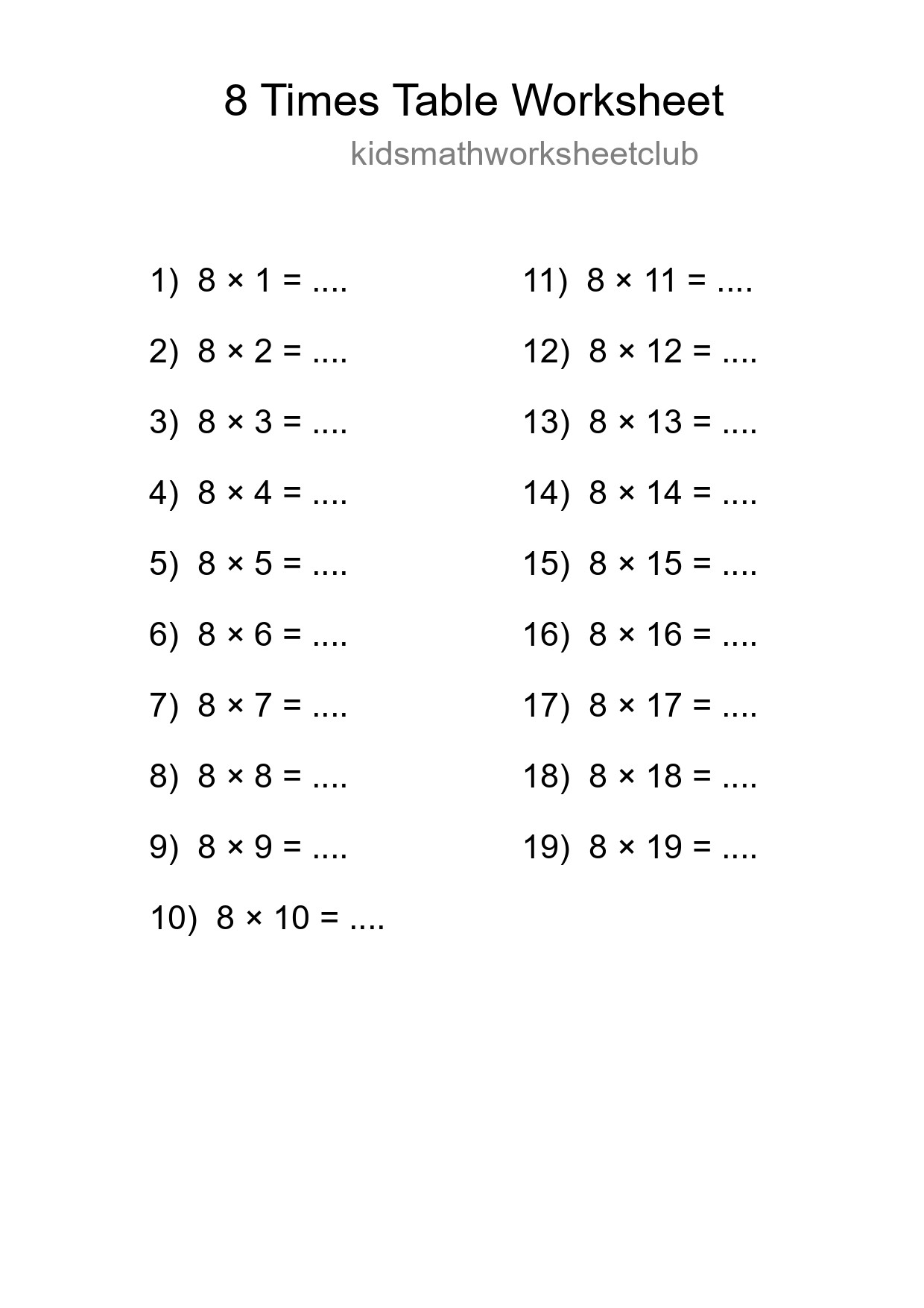 Printable 8 Times Table Worksheet For Grade 3 - Part 86