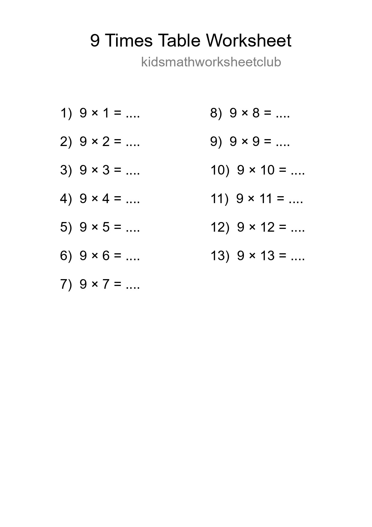 Printable 9 Times Table Worksheet For Grade 3 - Part 262