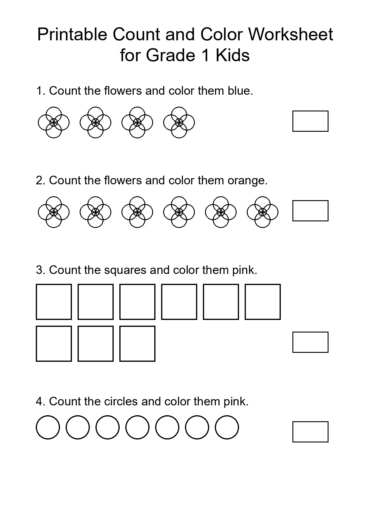 Printable Count and Color Worksheet for Grade 1 Kids