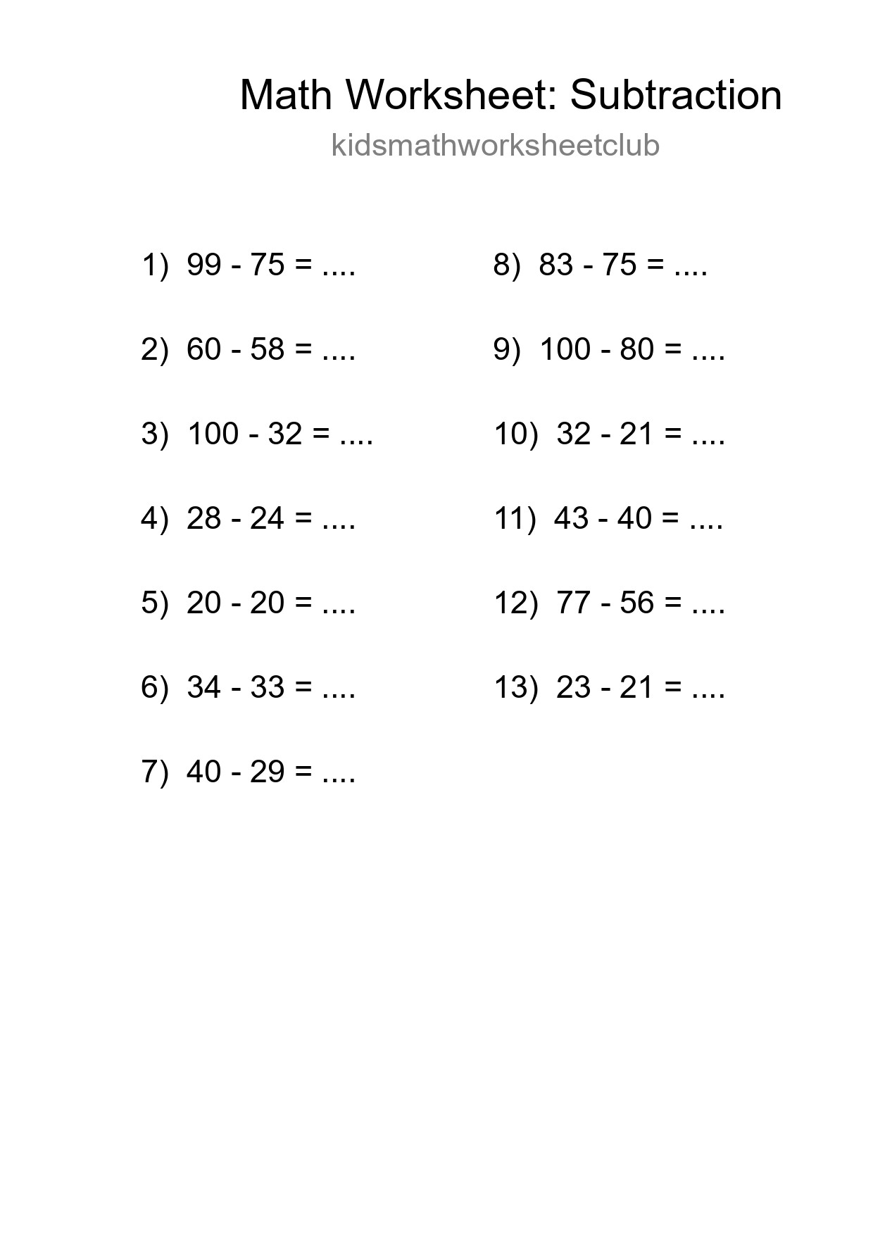 Printable Free 13 Subtraction Math Worksheet For Grade 3 - Part 184