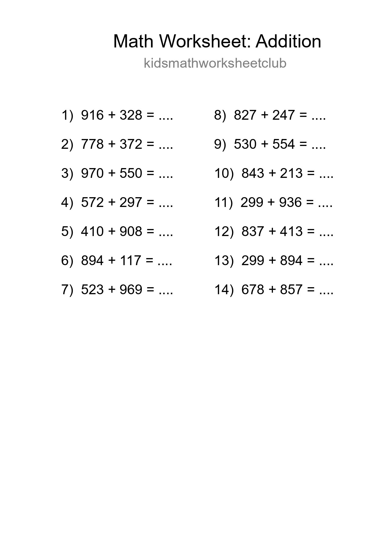 Printable Free 14 Addition Math Worksheet For Grade 5 - Part 199
