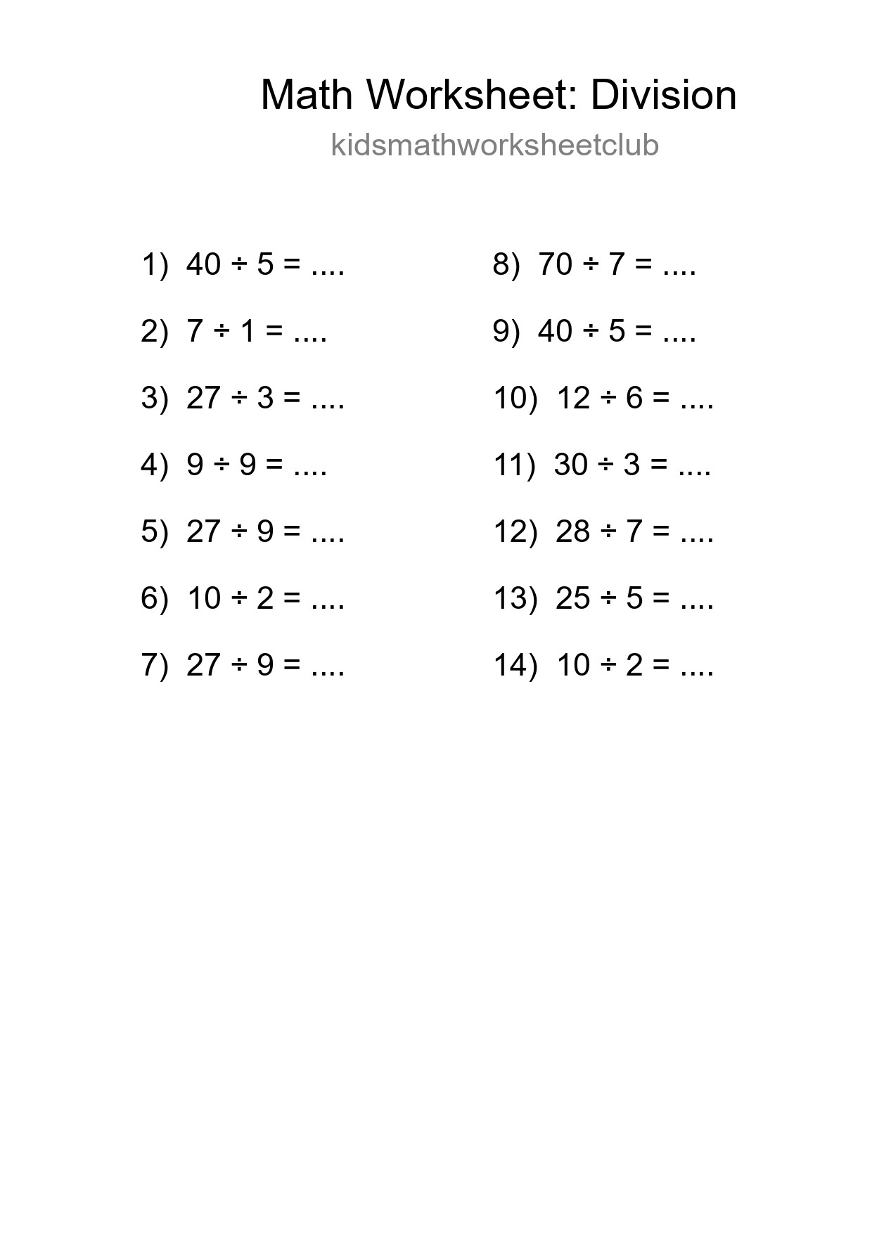 Printable Free 14 Division Math Worksheet For Grade 1 - Part 213
