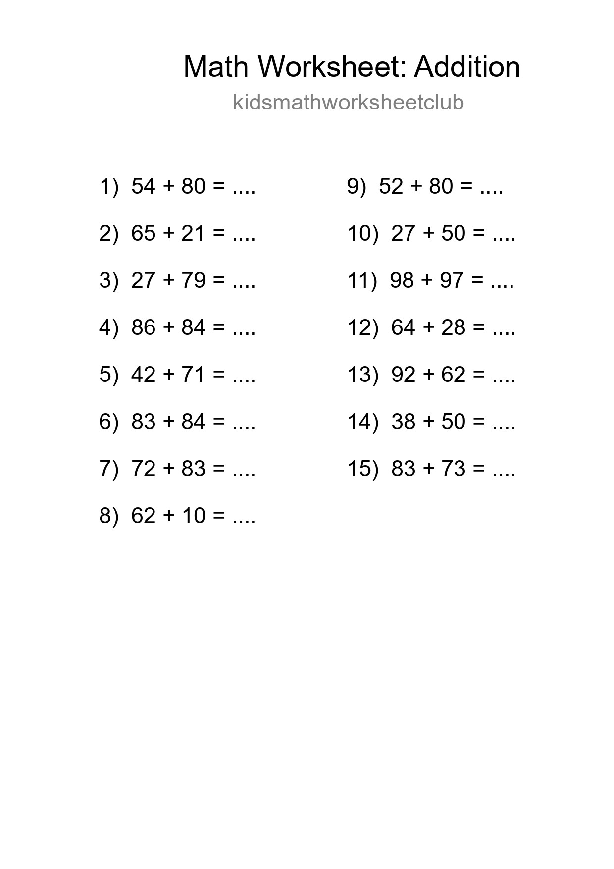 Printable Free 15 Addition Math Worksheet For Grade 3 - Part 100