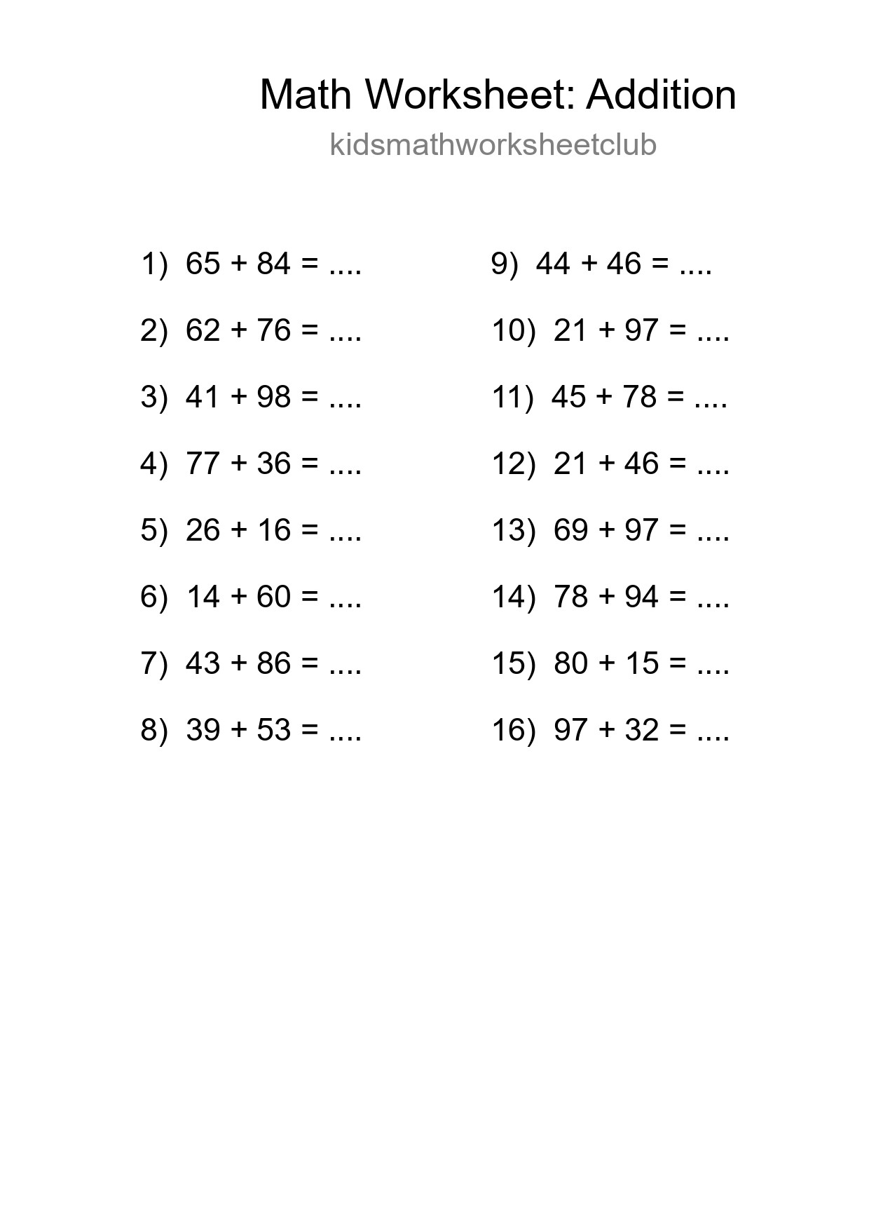 Printable Free 16 Addition Math Worksheet For Grade 3 - Part 276