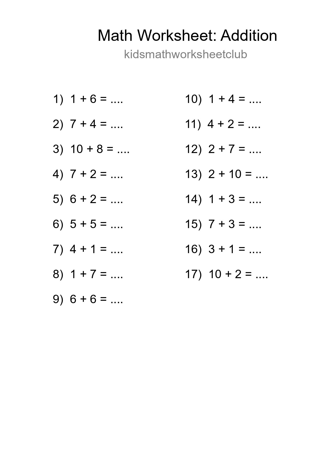 Printable Free 17 Addition Math Worksheet For Grade 1 - Part 221