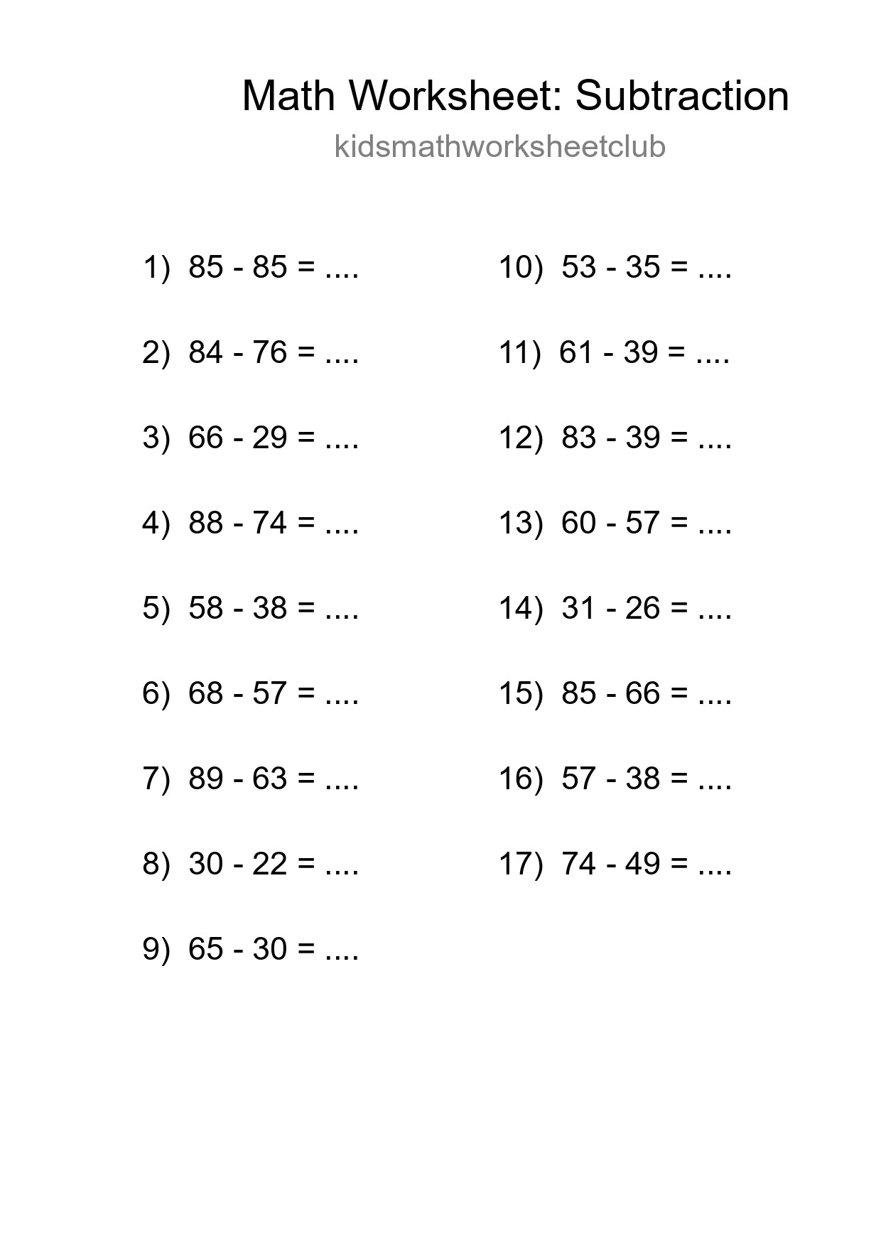 Printable Free 17 Subtraction Math Worksheet For Grade 3 - Part 173