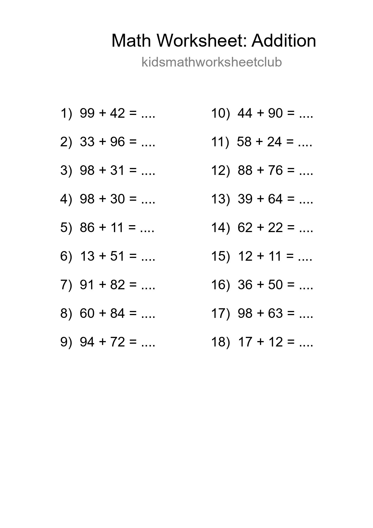 Printable Free 18 Addition Math Worksheet For Grade 3 - Part 12