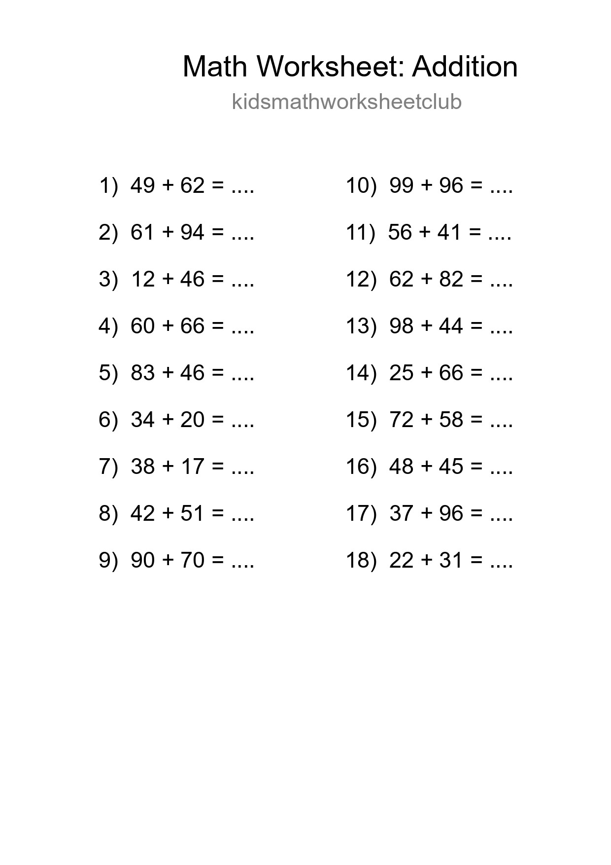 Printable Free 18 Addition Math Worksheet For Grade 3 - Part 122