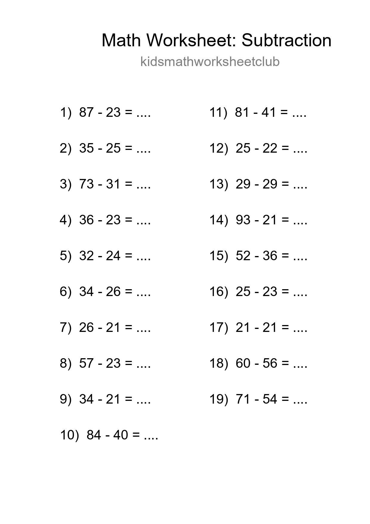 Printable Free 19 Subtraction Math Worksheet For Grade 3 - Part 162