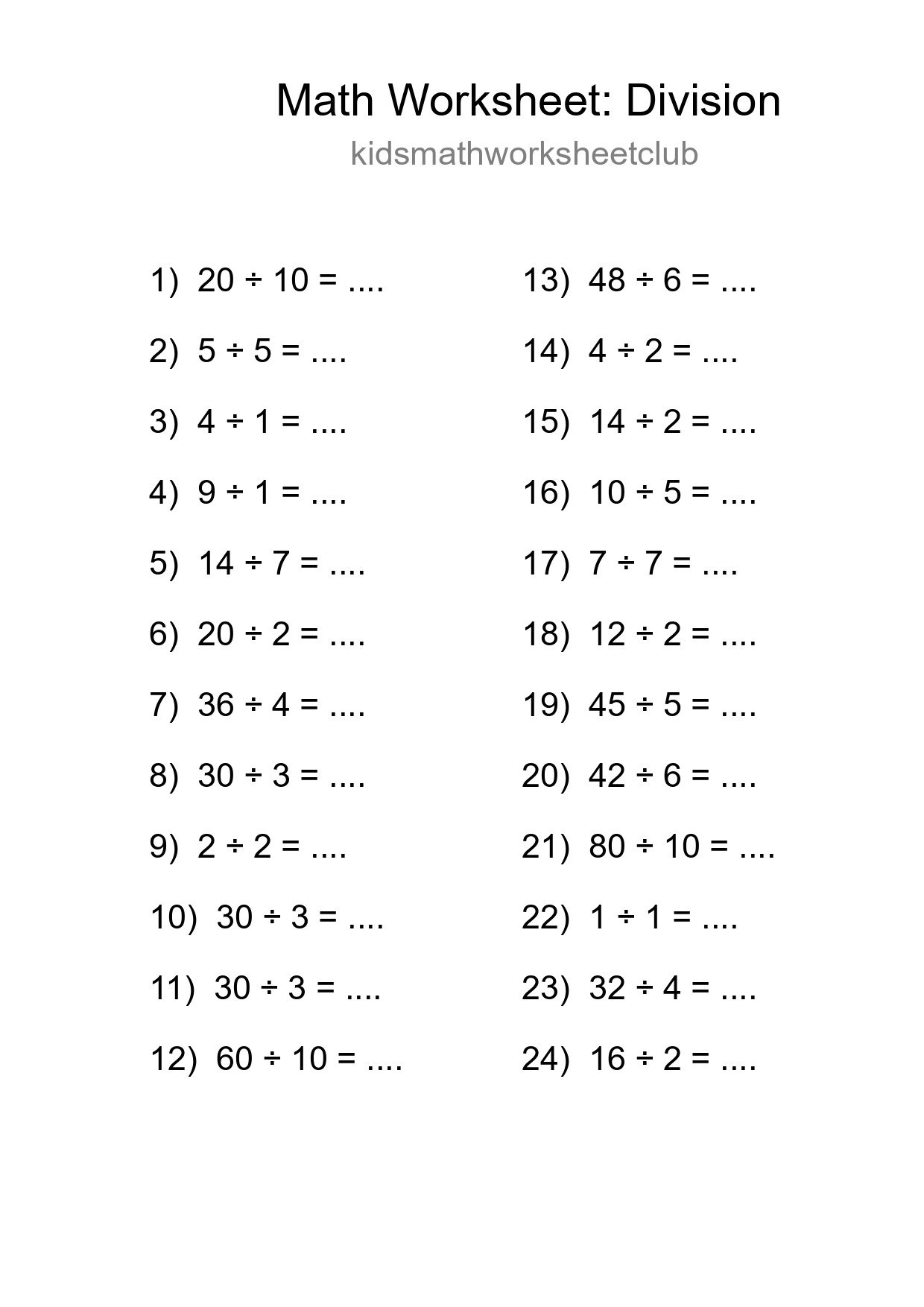 Printable Free 24 Division Math Worksheet For Grade 1 - Part 4