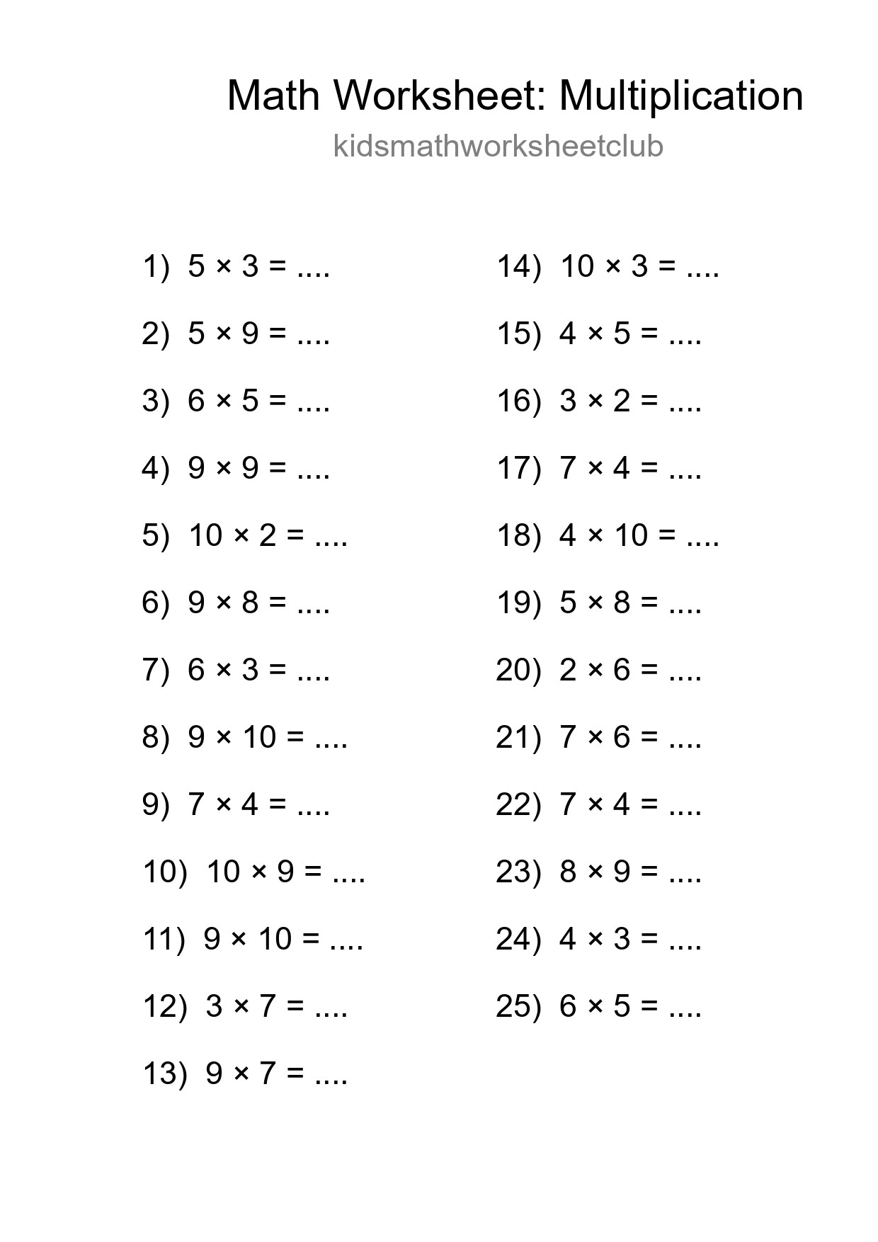 Printable Free 25 Multiplication Math Worksheet For Grade 1 - Part 7