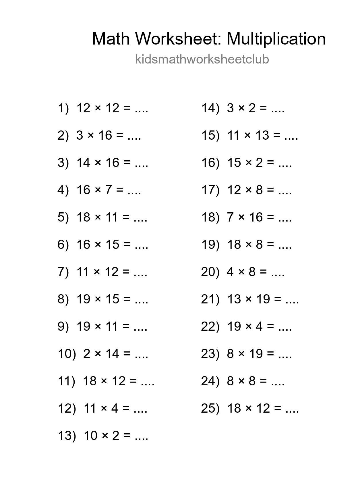 Printable Free 25 Multiplication Math Worksheet For Grade 2 - Part 216