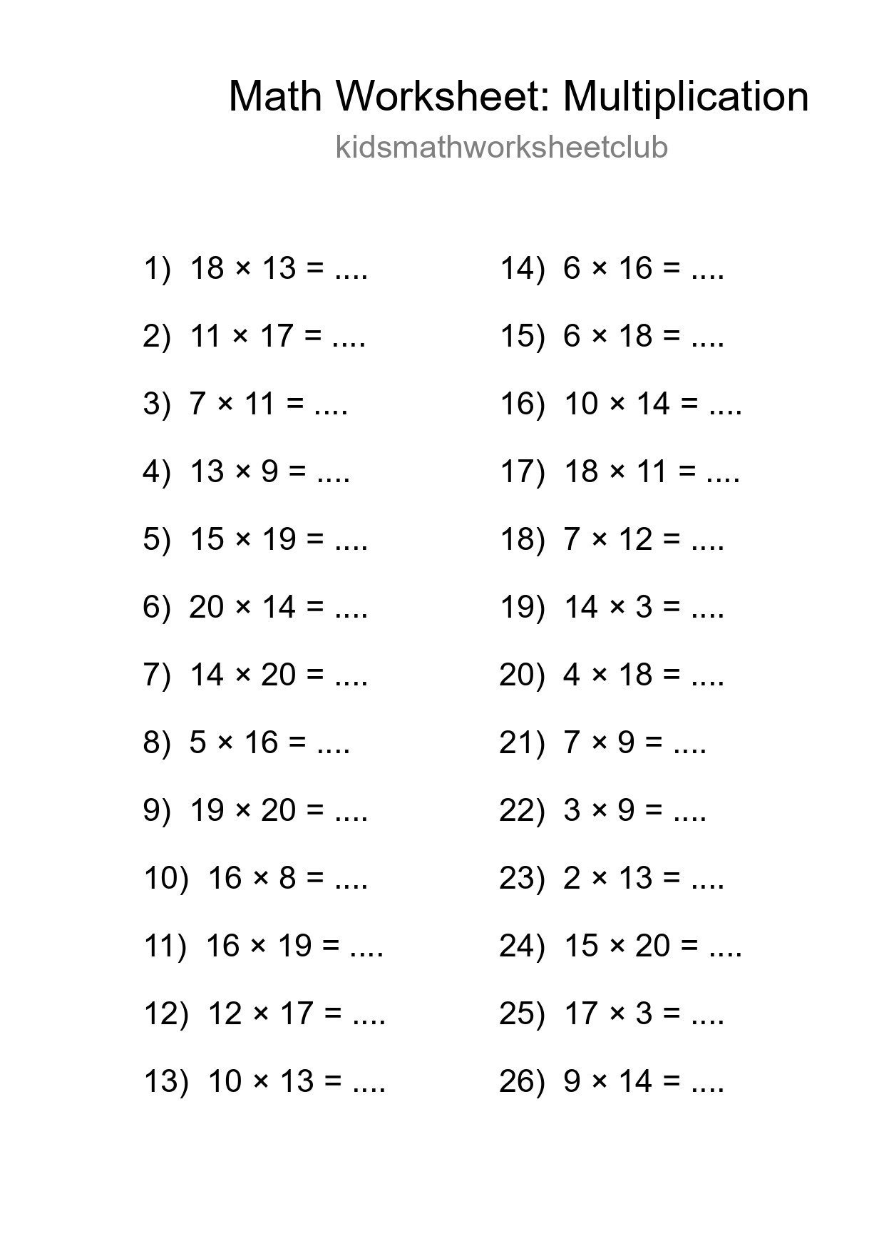 Printable Free 26 Multiplication Math Worksheet For Grade 2 - Part 95