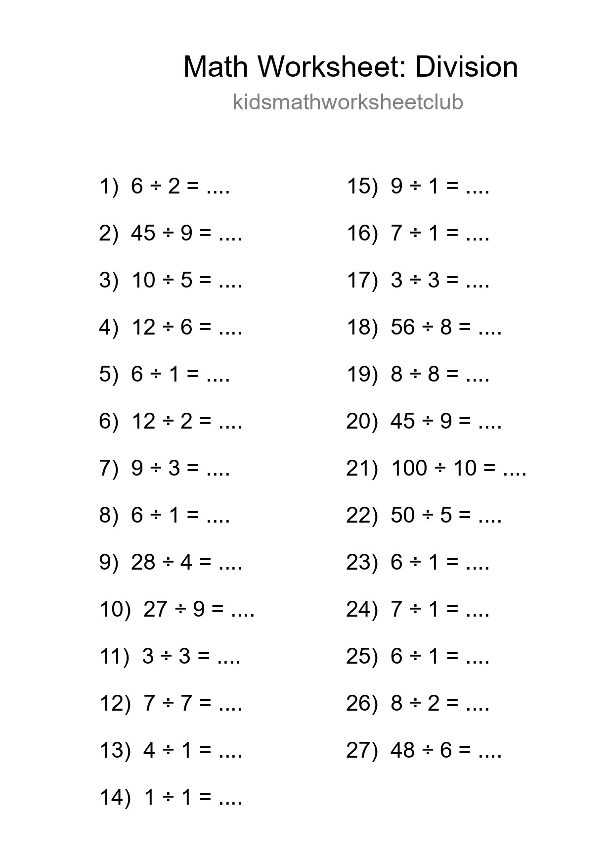 Printable Free 27 Division Math Worksheet For Grade 1 - Part 202